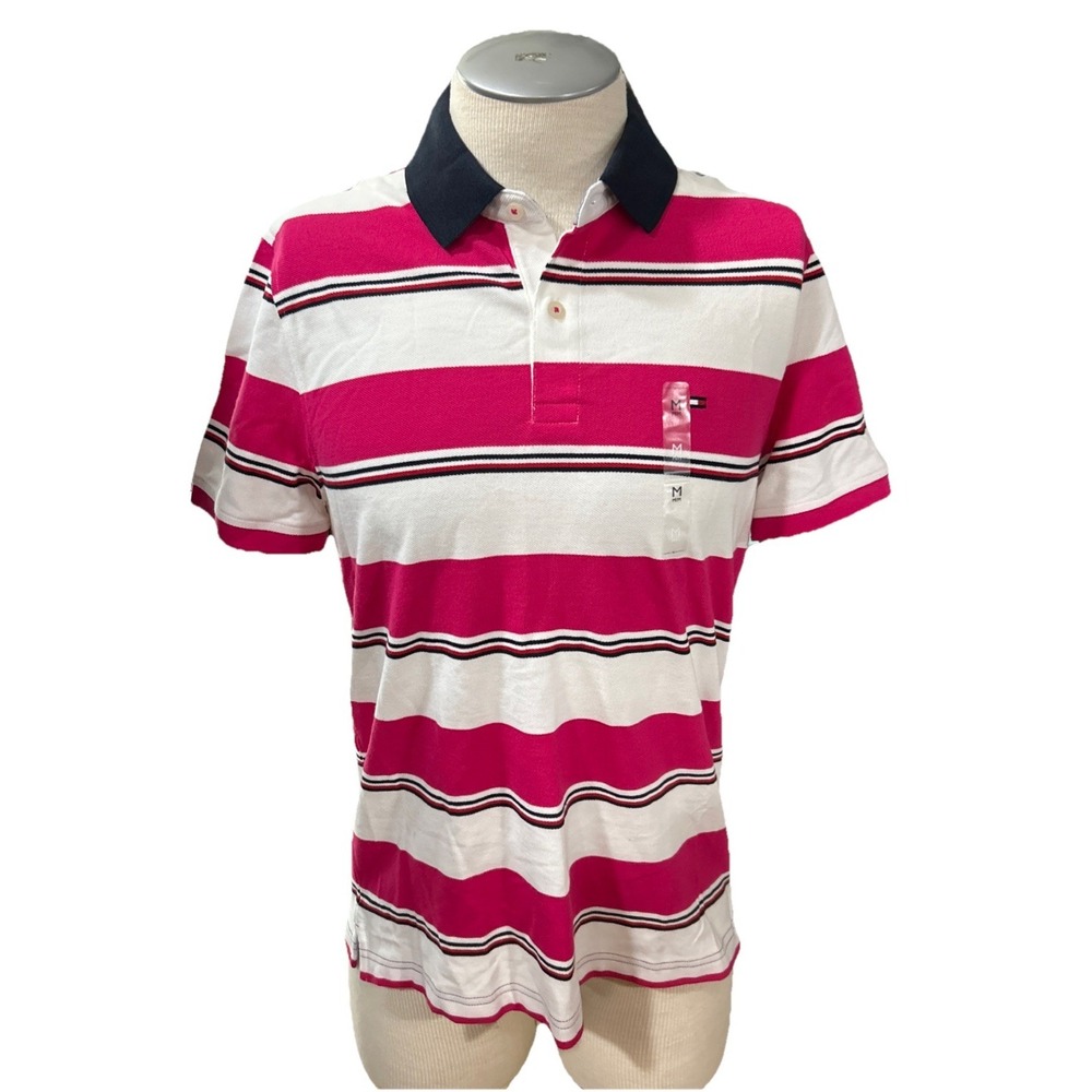tommy hilfiger Polo Shirt Medium Mens Custom Fit Pink‎ White